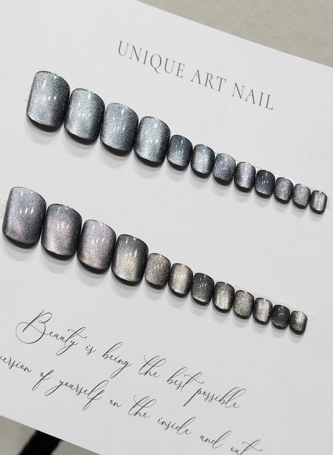 KQueenest Cat Eye Black Toe Press on Nails Short Square, Glitter Black Fake Toe Nails Press on, Soft Gel Glue on Toe nails for Women Summer, Gothic Sparkly Reusable Toe Acrylic Nails 24 Pcs - Image 4